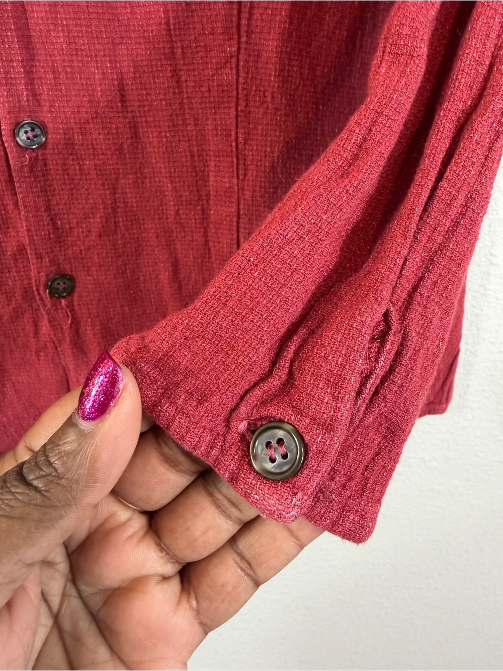 CP Shades Button Down Shirt Size L Burgundy Wine Red Boxy 3/4 Sleeve Lagenlook - Picture 6 of 7